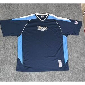 Majestic Tampa Bay DEvil Rays Navy Blue V Neck Short SLEEVE Jersey/Shirt Size XL
